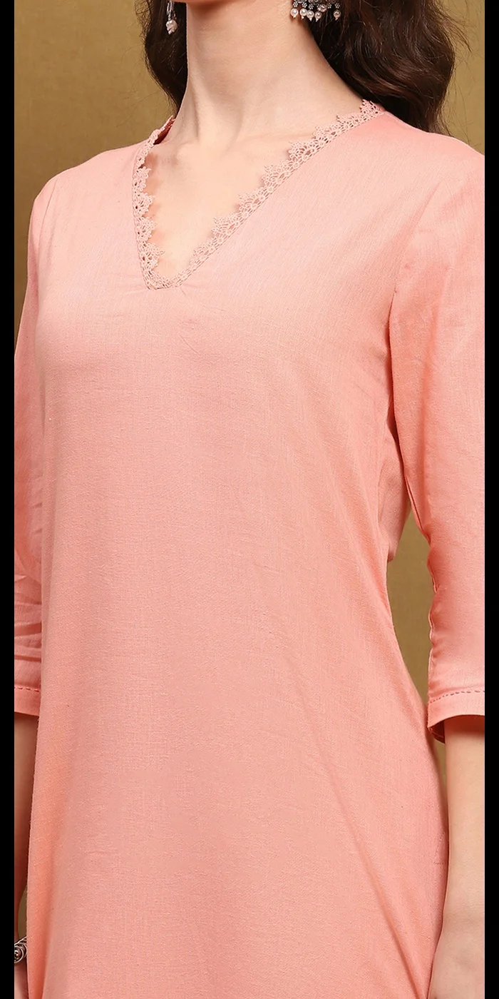 Biba Peach-Coloured Cotton Blend Solid Straight Kurta