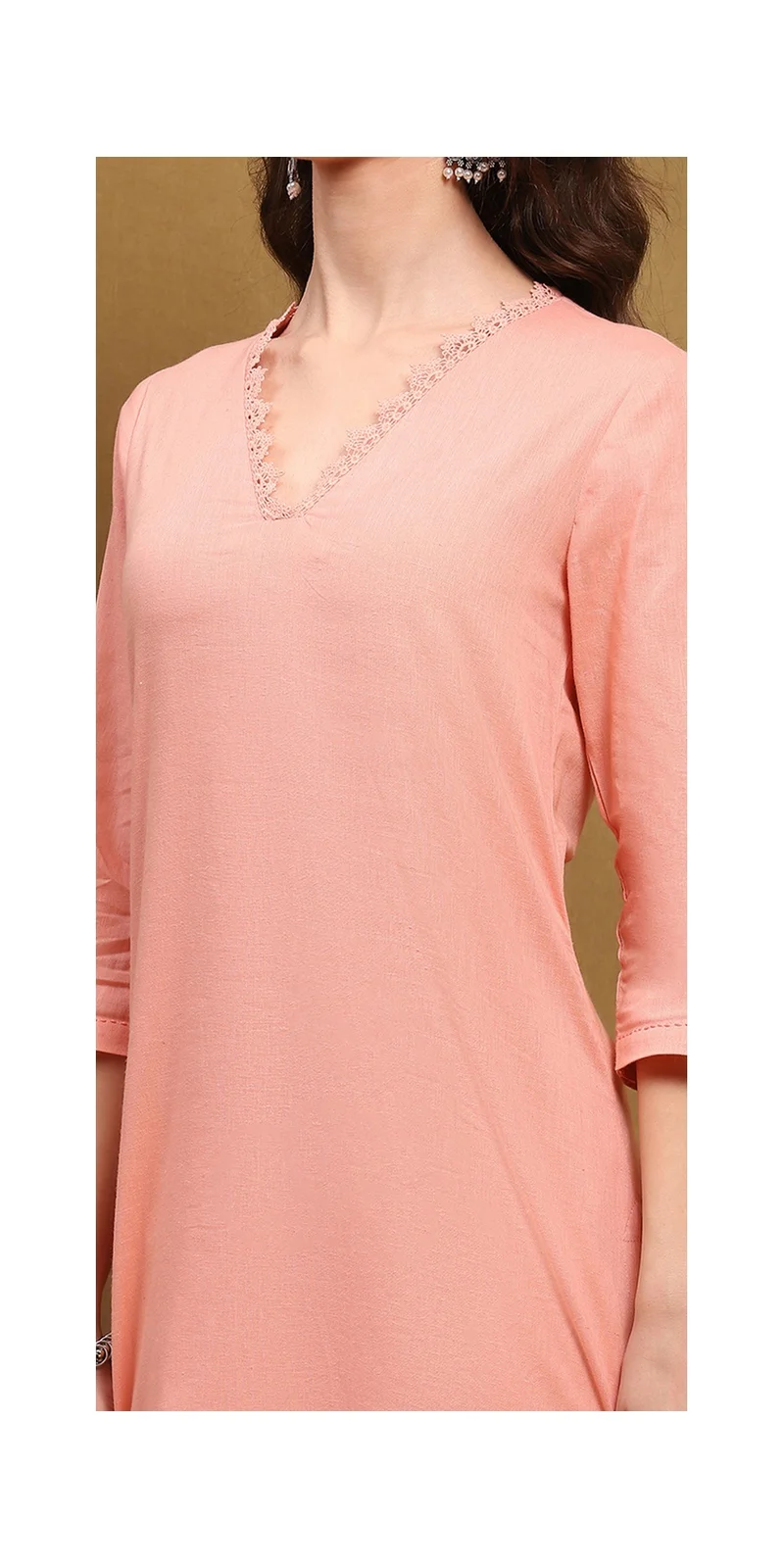Biba Peach-Coloured Cotton Blend Solid Straight Kurta