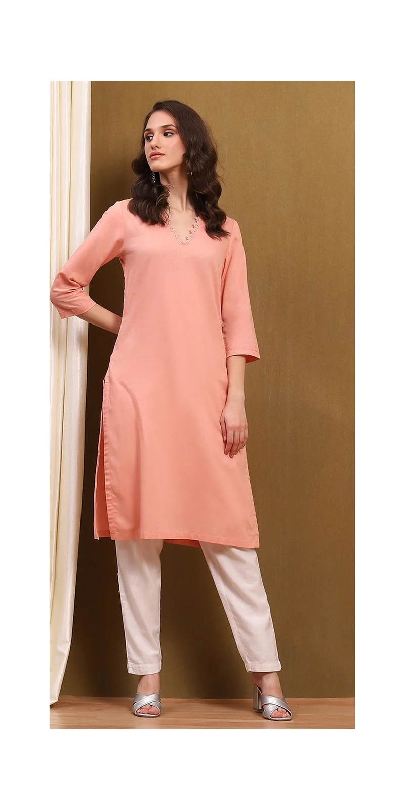Biba Peach-Coloured Cotton Blend Solid Straight Kurta