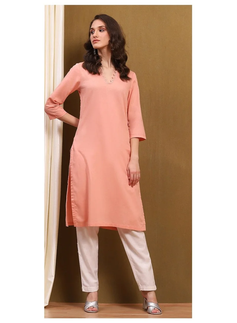 Biba Peach-Coloured Cotton Blend Solid Straight Kurta