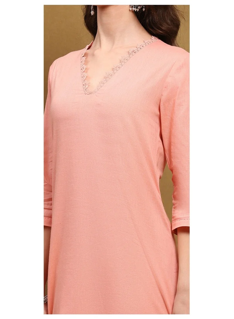 Biba Peach-Coloured Cotton Blend Solid Straight Kurta
