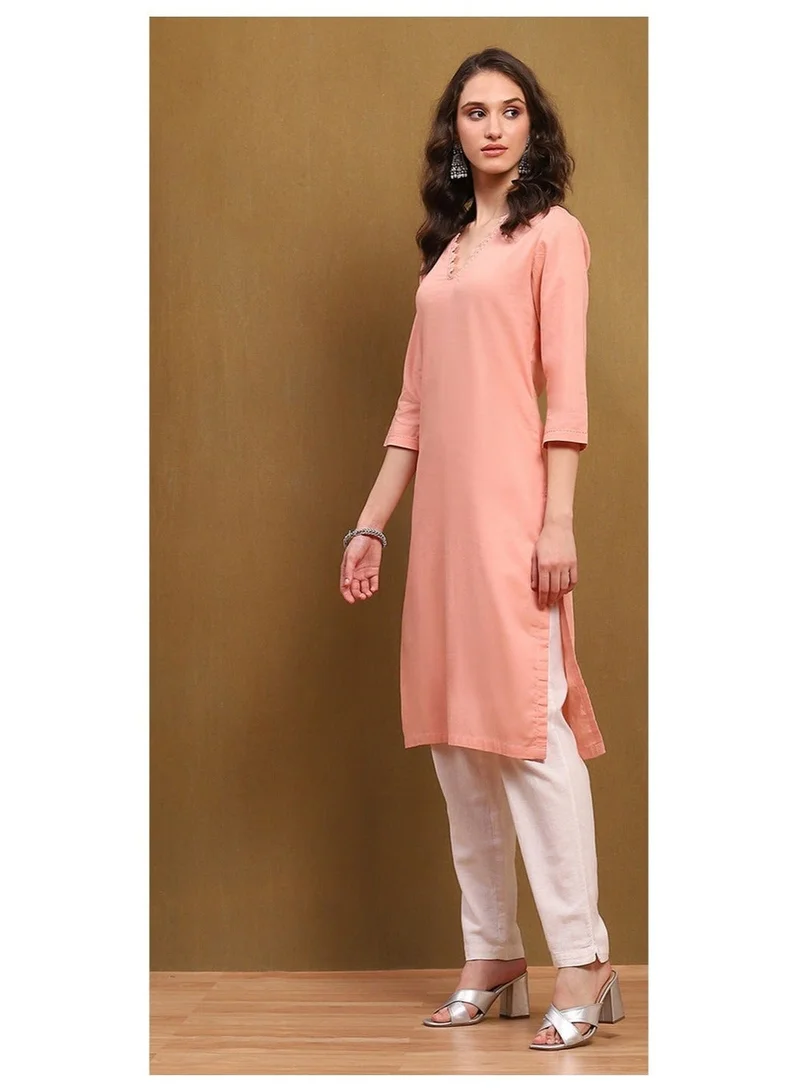 Biba Peach Peach-Coloured Cotton Blend Solid Straight Kurta for Women | Best Price UAE