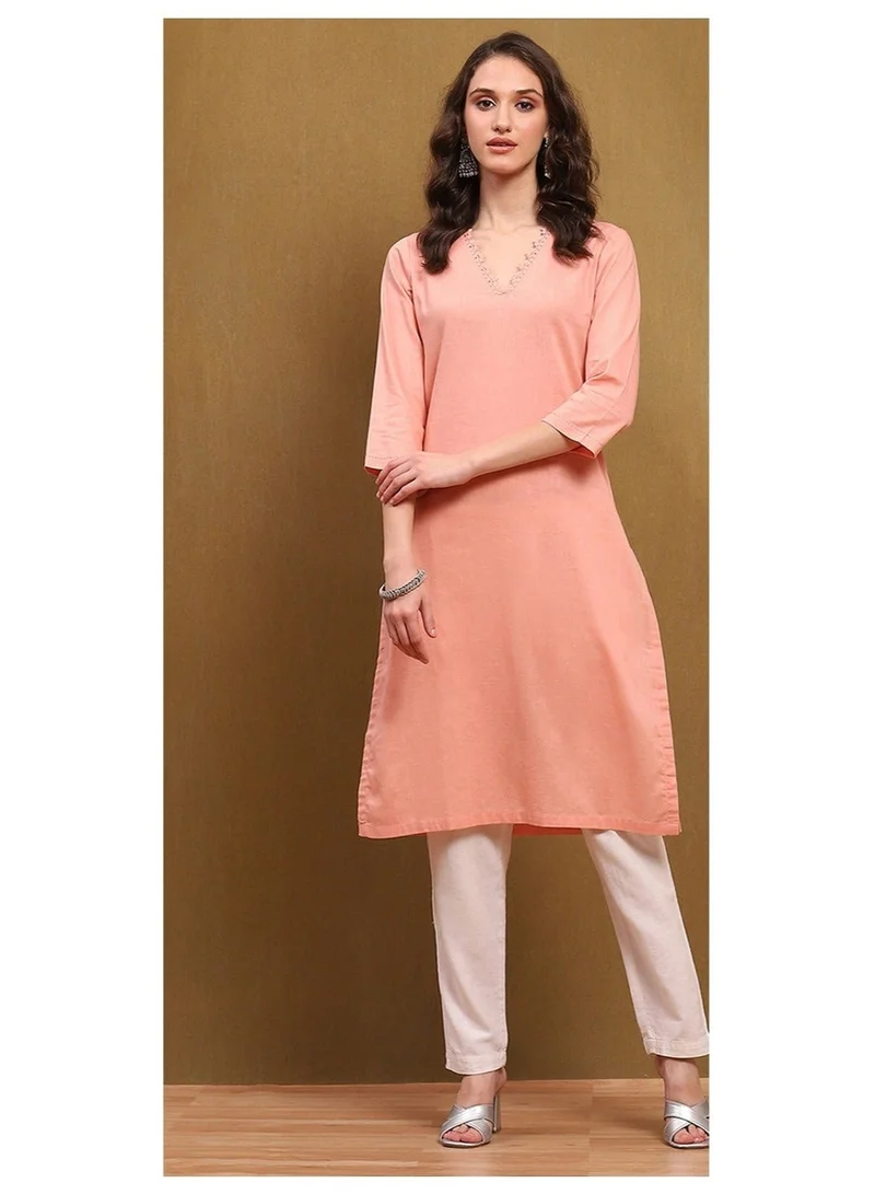 Biba Peach Peach-Coloured Cotton Blend Solid Straight Kurta for Women | Best Price UAE