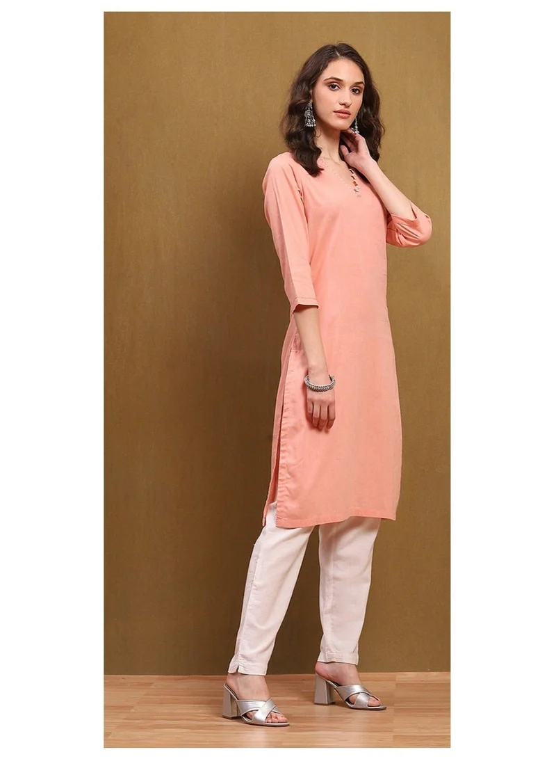 Biba Peach Peach-Coloured Cotton Blend Solid Straight Kurta for Women | Best Price UAE
