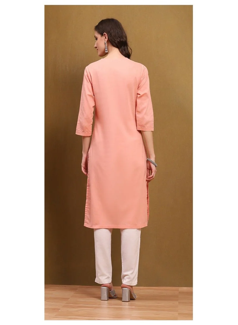 Biba Peach Peach-Coloured Cotton Blend Solid Straight Kurta for Women | Best Price UAE