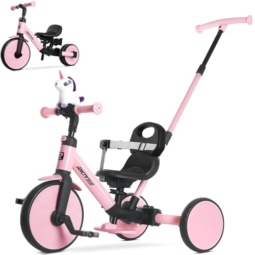 RIDYEE 5in1 Toddler Tricycle for Ages 153 Parent Steering Push Trike ToolFree Convertible to Balance Bike Safety Belt Removable Backrest and Footrest RideOn Toy for Boys Girls Pink - Image 1