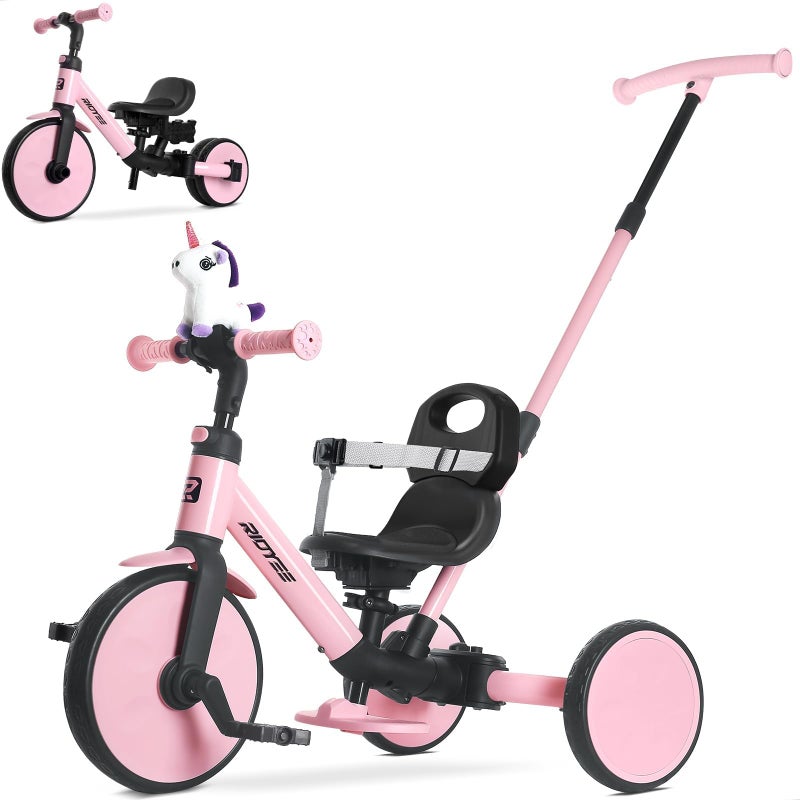 RIDYEE 5in1 Toddler Tricycle for Ages 153 Parent Steering Push Trike ToolFree Convertible to Balance Bike Safety Belt Removable Backrest and Footrest RideOn Toy for Boys Girls Pink - Image 2