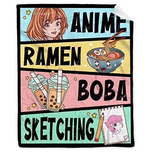 AIBILEEN Anime Blanket Gifts for Girls Kawaii Anime Decor for Women Anime Ramen Boba Sketching Flannel Blanket Anime Lover Stuff Luxurious Warm and Cozy for M 50X60 Inch for TeenTravel - Image 1