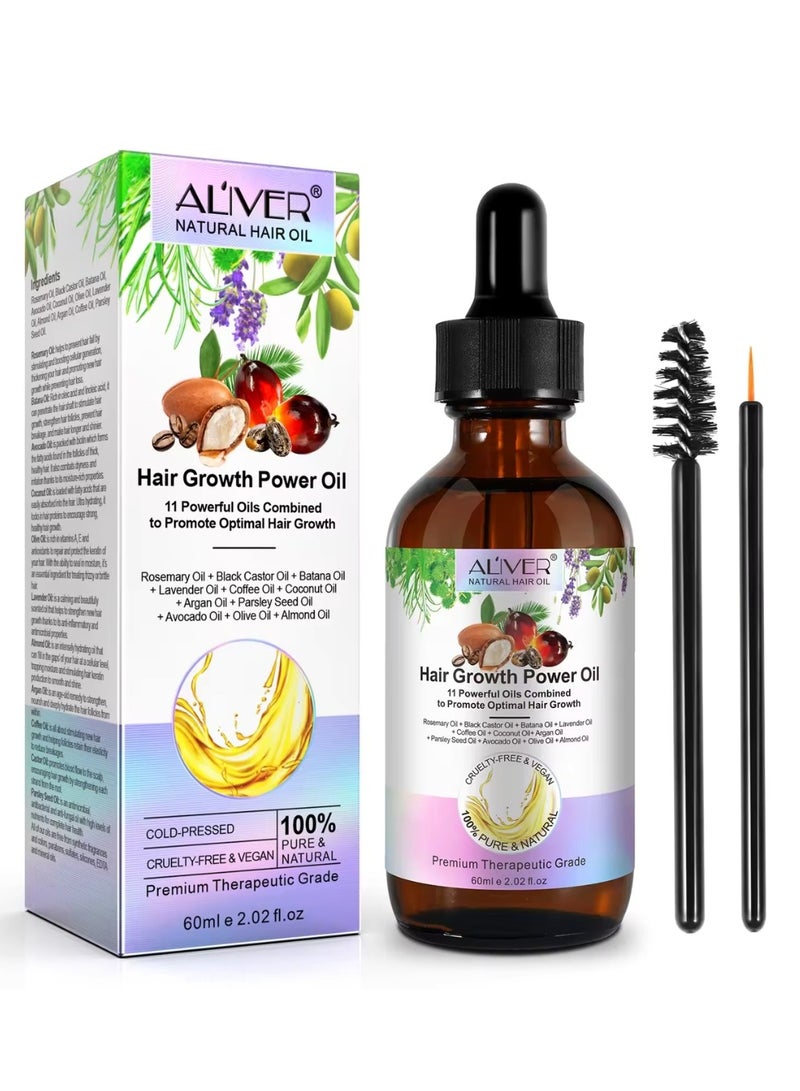 ALIVER زيت قوي لنمو الشعر 60 مل، زيت نمو الشعر 11 في 1 مع زيت إكليل الجبل والباتانا لإصلاح الشعر الرقيق، الشعر التالف، يغذي الشعر الرقيق وفروة الرأس والبشرة وفقدان نمو الشعر، مناسب لجميع أنواع الشعر - Image 1
