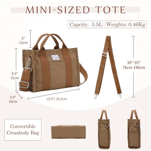 VASCHY Mini Tote Bag for Women, Small Cute Aesthetic Canvas Tote Purse Handbags Crossbody Shoulder Satchel Bag with Zipper Pockets for Girls Brown - Image 3