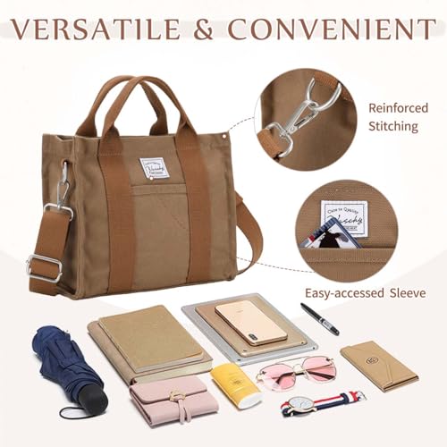 VASCHY Mini Tote Bag for Women, Small Cute Aesthetic Canvas Tote Purse Handbags Crossbody Shoulder Satchel Bag with Zipper Pockets for Girls Brown - Image 5