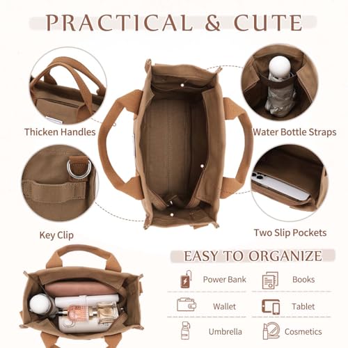 VASCHY Mini Tote Bag for Women, Small Cute Aesthetic Canvas Tote Purse Handbags Crossbody Shoulder Satchel Bag with Zipper Pockets for Girls Brown - Image 4