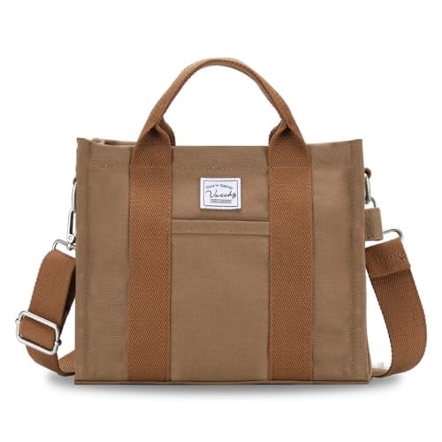 VASCHY Mini Tote Bag for Women, Small Cute Aesthetic Canvas Tote Purse Handbags Crossbody Shoulder Satchel Bag with Zipper Pockets for Girls Brown - Image 1