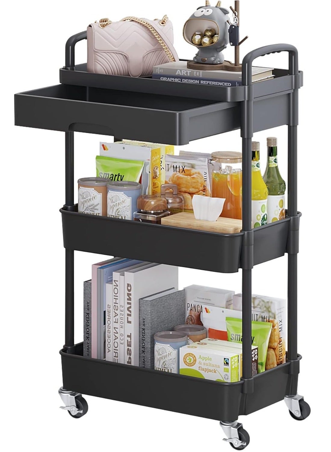3-Tier Rolling Utility Cart with Drawer,Multifunctional Storage Organizer Plastic Shelf & Metal Wheels,Storage for Kitchen,Bathroom,Living Room,Office,Black
