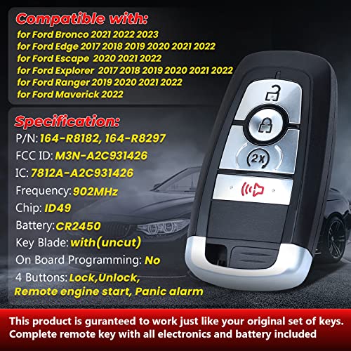 Aichiyu Keyless Entry Smart Remote Key Fob Replacement for Ford Bronco 2021-2023 Edge Explorer 2017-2022 Escape 2010-2022 Maverick 2022 Ranger XLT, 902MHz FCC ID: M3N-A2C931426, P/N: 164-R8182 - Image 3