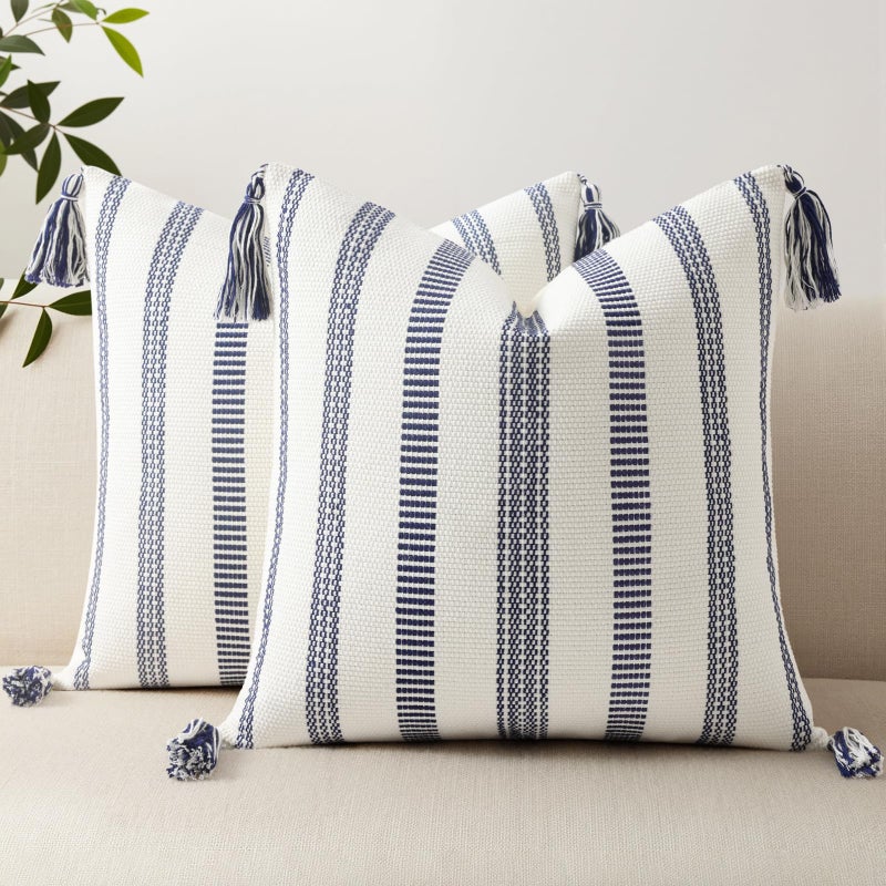 Smile Bee Spring Boho Outdoor Throw Pillow Covers Set of 2, Decorative Woven Striped Pillow Covers with Tassels for Couch Bed Sofa, 18x18 Inch, Navy Blue and Cream White - Image 1