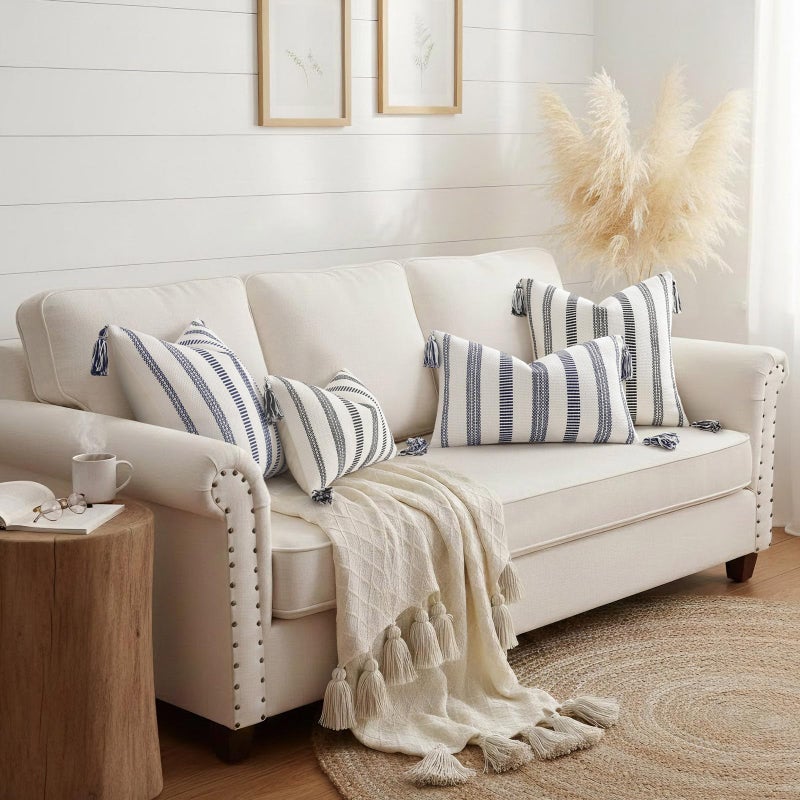 Smile Bee Spring Boho Outdoor Throw Pillow Covers Set of 2, Decorative Woven Striped Pillow Covers with Tassels for Couch Bed Sofa, 18x18 Inch, Navy Blue and Cream White - Image 5