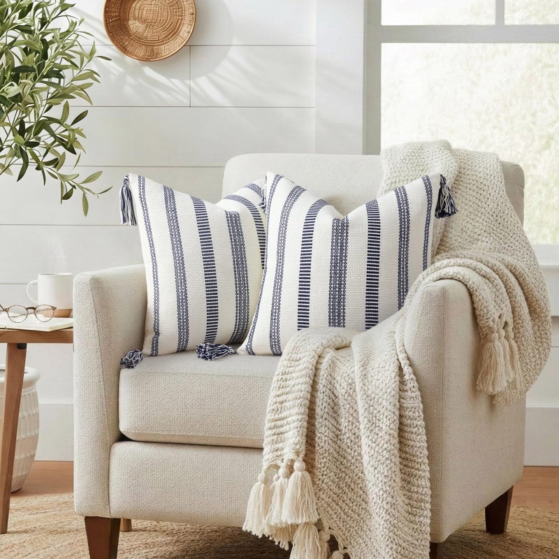 Smile Bee Spring Boho Outdoor Throw Pillow Covers Set of 2, Decorative Woven Striped Pillow Covers with Tassels for Couch Bed Sofa, 18x18 Inch, Navy Blue and Cream White - Image 4