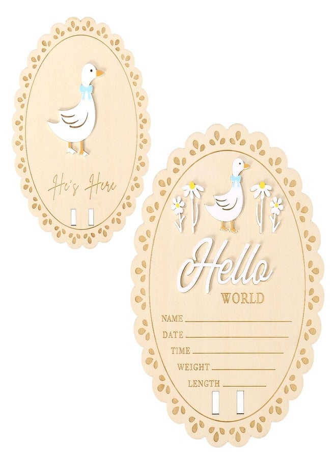 Penitue Newborn Announcement Sign, 5.9in Hello World Wooden Baby Boy Plaque Cute Silly One Goose and Daisy Newborn Welcome Board Perfect for Birth Photos Nursery Decor Baby Shower Gender Reveal Gift - Image 1