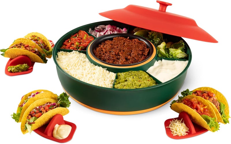 Kusini Taco Tuesday Kit - Taco Bar Serving Set for a Party - 30oz Heated Pot, 4 Taco Holders, & Detachable Lazy Susan Tray - Taco Night Fiesta – Unique Couple & Housewarming Gift Set Ideas - Image 1