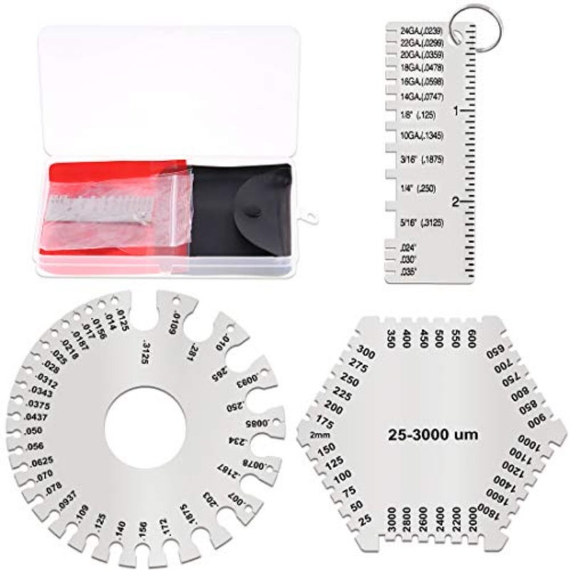 Glarks 3 Pack Stainless Steel Welding Gauge Set, 25-3000um Wet Film Comb + Wire Metal Sheet Thickness Gauge + Round Dual-Sided Wire Cable Sheet Gage Standard Thickness Metal Gauge AWG and SAE - Image 1