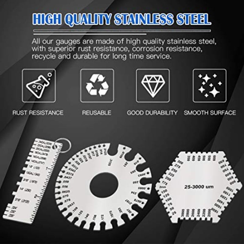 Glarks 3 Pack Stainless Steel Welding Gauge Set, 25-3000um Wet Film Comb + Wire Metal Sheet Thickness Gauge + Round Dual-Sided Wire Cable Sheet Gage Standard Thickness Metal Gauge AWG and SAE - Image 3