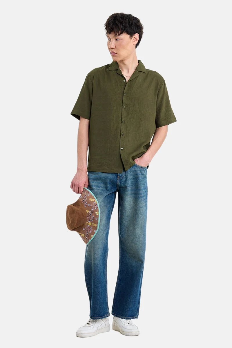 سنيتش Olive Textured Half Sleeve Boxy Shirt