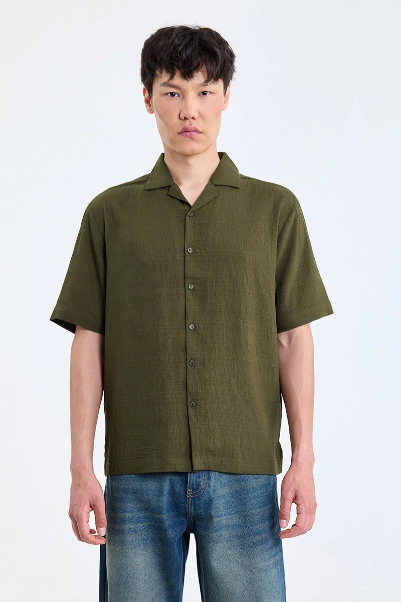 سنيتش Olive Textured Half Sleeve Boxy Shirt