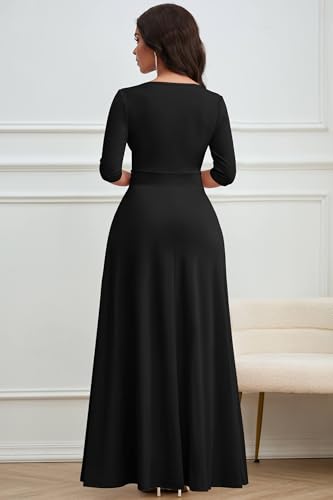 CLOCOR Formal Dresses for Women Long 3/4 Sleeve A Line V Neck Church Dress High Waist Black L - Image 5
