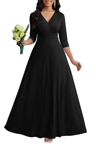 CLOCOR Formal Dresses for Women Long 3/4 Sleeve A Line V Neck Church Dress High Waist Black L - Image 1