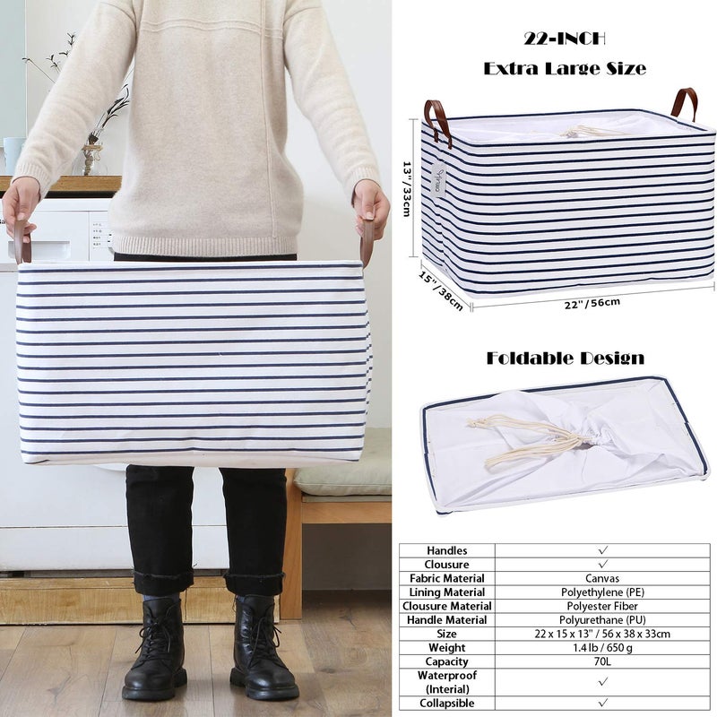 Hinwo 2-Pack Extra Large Canvas Fabric Storage Baskets with Handles, 70L Oversized Storage Bins, Collapsible Storage Box, Clothes, Toys, Blankets Organizers, 22 x 15 x 13 inches, (Grey Stripe) - Image 5