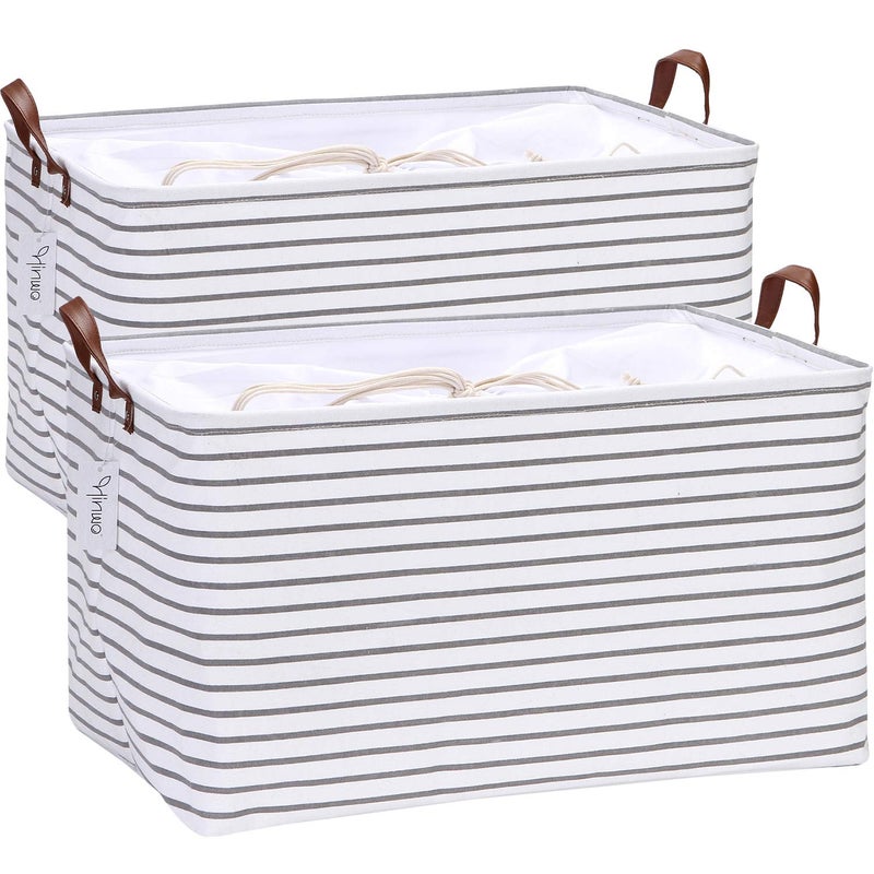Hinwo 2-Pack Extra Large Canvas Fabric Storage Baskets with Handles, 70L Oversized Storage Bins, Collapsible Storage Box, Clothes, Toys, Blankets Organizers, 22 x 15 x 13 inches, (Grey Stripe) - Image 1