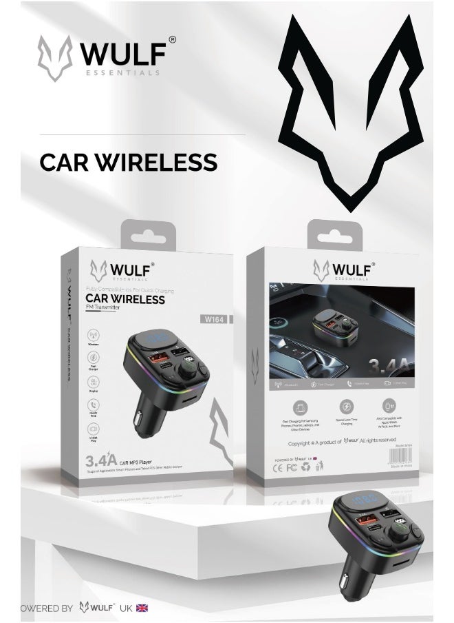 Wulf Essentials WULF W164 Car Wireless FM Transmitter – Bluetooth Audio, Hands-Free Calling & Fast Charging 