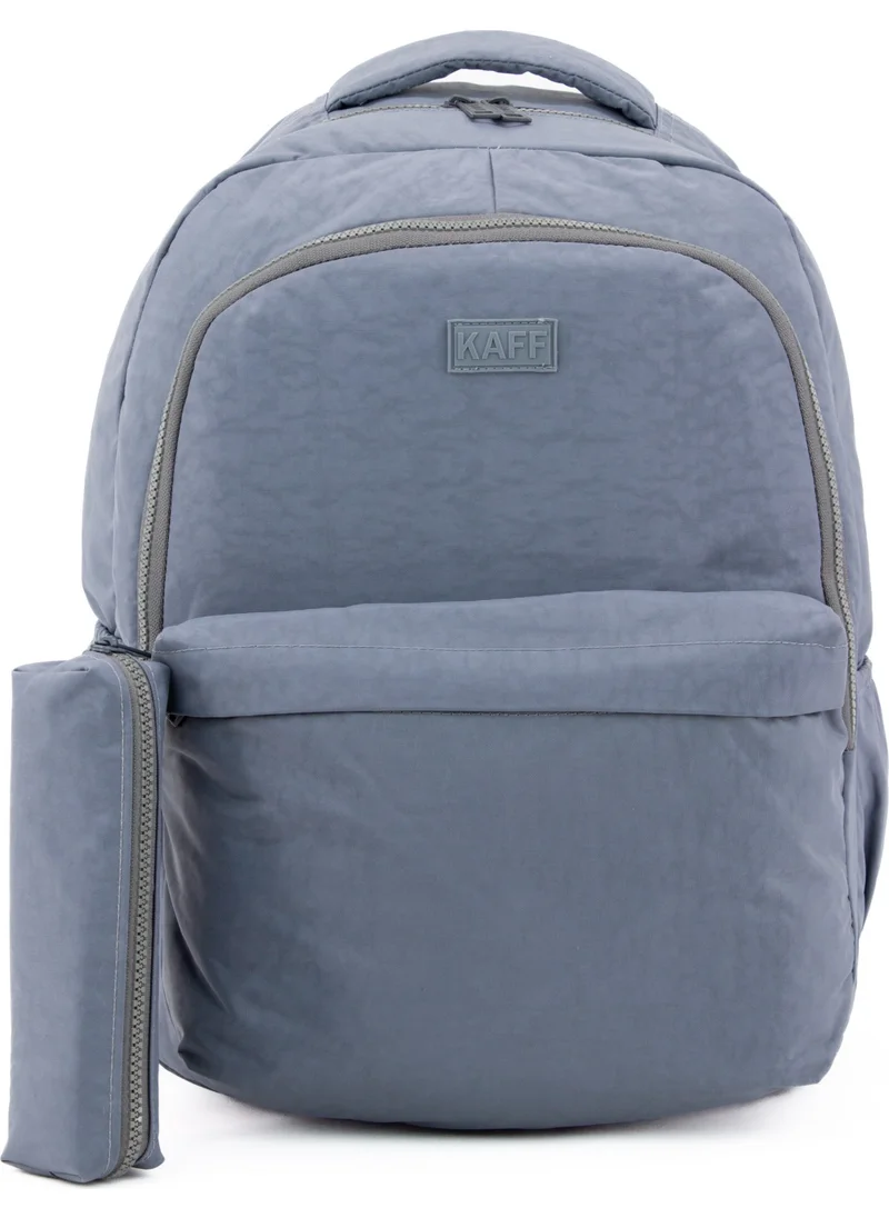 Kaff Unisex Gray 01102-SET Crinkle Fabric Waterproof Multi Compartment School Backpack with Pencil Case