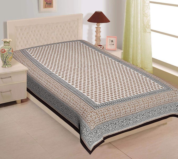 BROWN PURE COTTON 200 TC JAIPURI PRINT 60 X 90 INCHES SINGLE BED SHEET BLACK