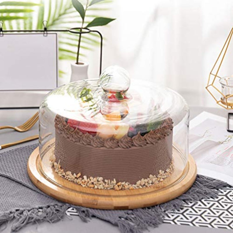 حامل كعك زجاجي على شكل قبة يقدم الحلوى طبق قاء زجاجي من خشب الخيزران للوجبات الخفيفة صينية تقديم الكعك مع غطاء غطاء لمطعم حفل الزفاف - Image 4
