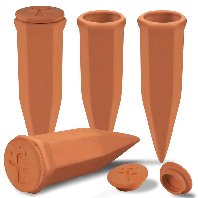 Soilagua Large Terracotta Watering Spikes with Lids, Automatic Plant Waterer Outdoor | Indoor, Vacation Friendly Clay Plant Watering Devices System, Slow Release Self Watering Planter Insert, 8 Pack - Image 1