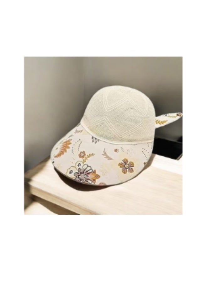 Off-white Cream-colored Mesh Summer Cap with Floral - Print – Breathable Lightweight Hat with Cute Ear Accent for Sunny Outdoor Adventures-design - Image 2