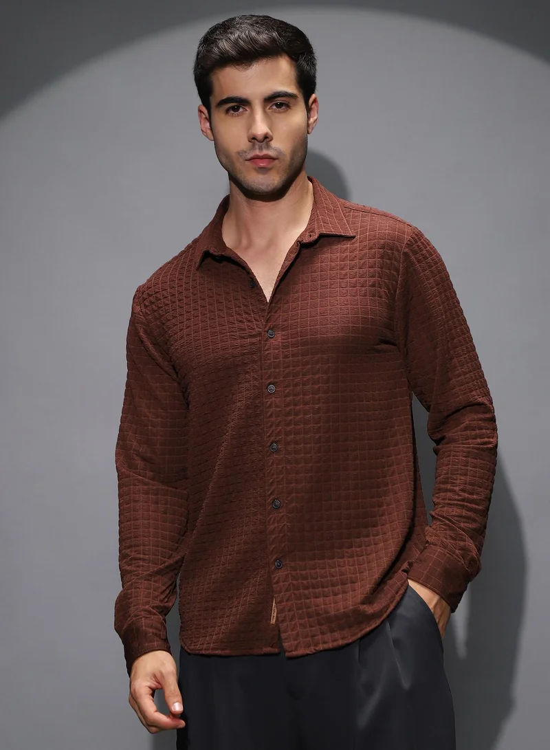 Campus Sutra Men's Chocolate Brown Cube-Textured Shirt For Casual Wear | Spread Collar | Long Cuffed Sleeves | Button Closure | Shirt Shirt Crafted With Comfort Fit For Everyday Wear