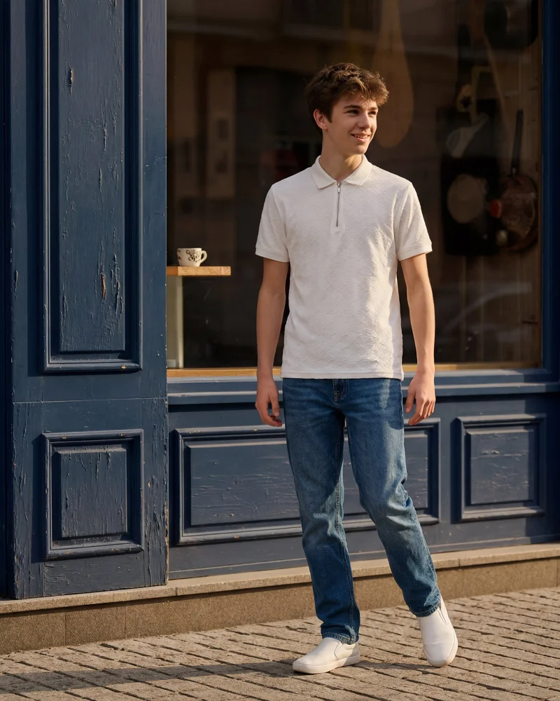 Redtag Senior Boys White Jacquard Polo Shirt