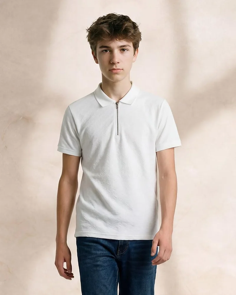 Redtag Senior Boys White Jacquard Polo Shirt