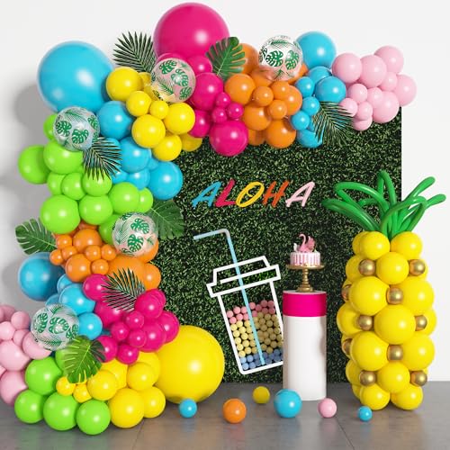 Amandir 165Pcs Tropical Balloon Arch Garland Kit, Hawaiian Luau Aloha Summer Party Decorations Hot Pink Orange Yellow Blue Green Pineapple Balloons Palm Leaves Birthday Flamingo Beach Supplies - Image 1