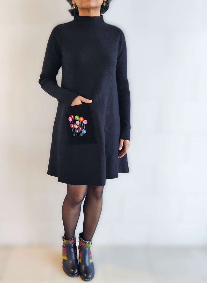 Women’s Black Wool Blend A-Line Dress with Hand Embroidered Floral Pocket – Small Size, Long Sleeve, Boho-Chic Style with Mirror Work JewelOnPalette - Image 1