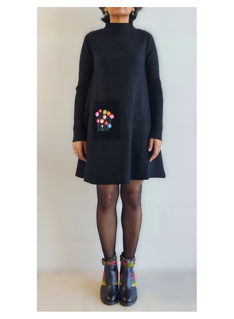 Women’s Black Wool Blend A-Line Dress with Hand Embroidered Floral Pocket – Small Size, Long Sleeve, Boho-Chic Style with Mirror Work JewelOnPalette - Image 2