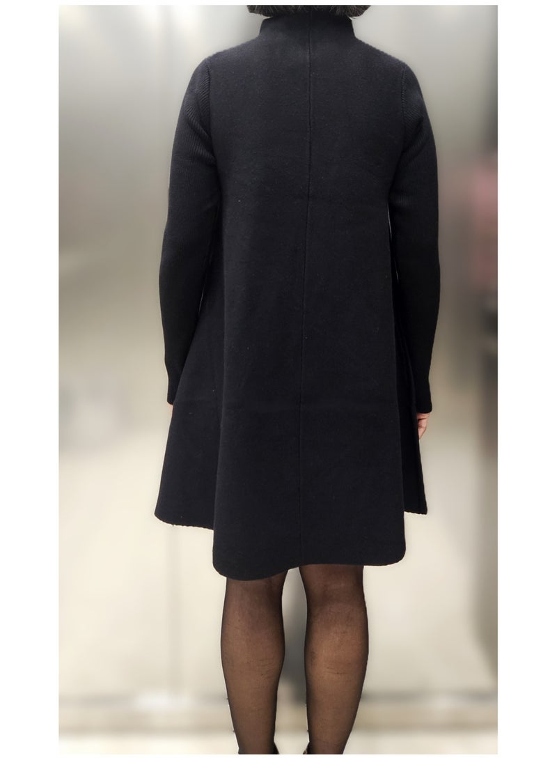 Women’s Black Wool Blend A-Line Dress with Hand Embroidered Floral Pocket – Small Size, Long Sleeve, Boho-Chic Style with Mirror Work JewelOnPalette - Image 3