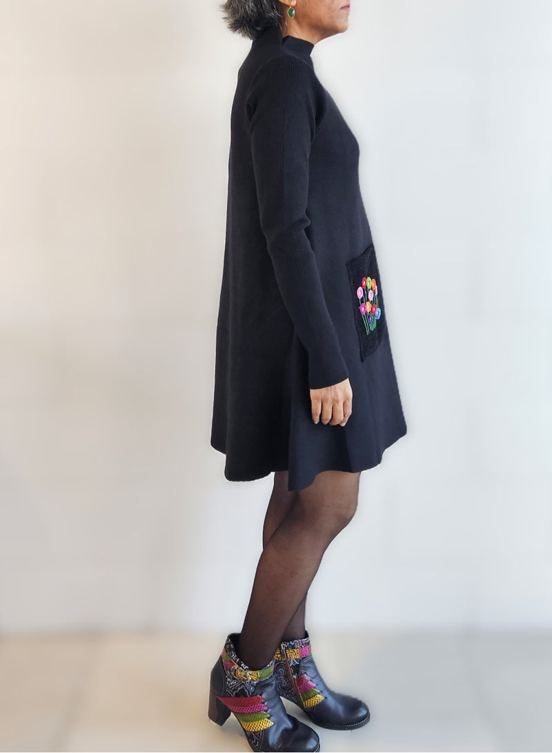Women’s Black Wool Blend A-Line Dress with Hand Embroidered Floral Pocket – Small Size, Long Sleeve, Boho-Chic Style with Mirror Work JewelOnPalette - Image 4