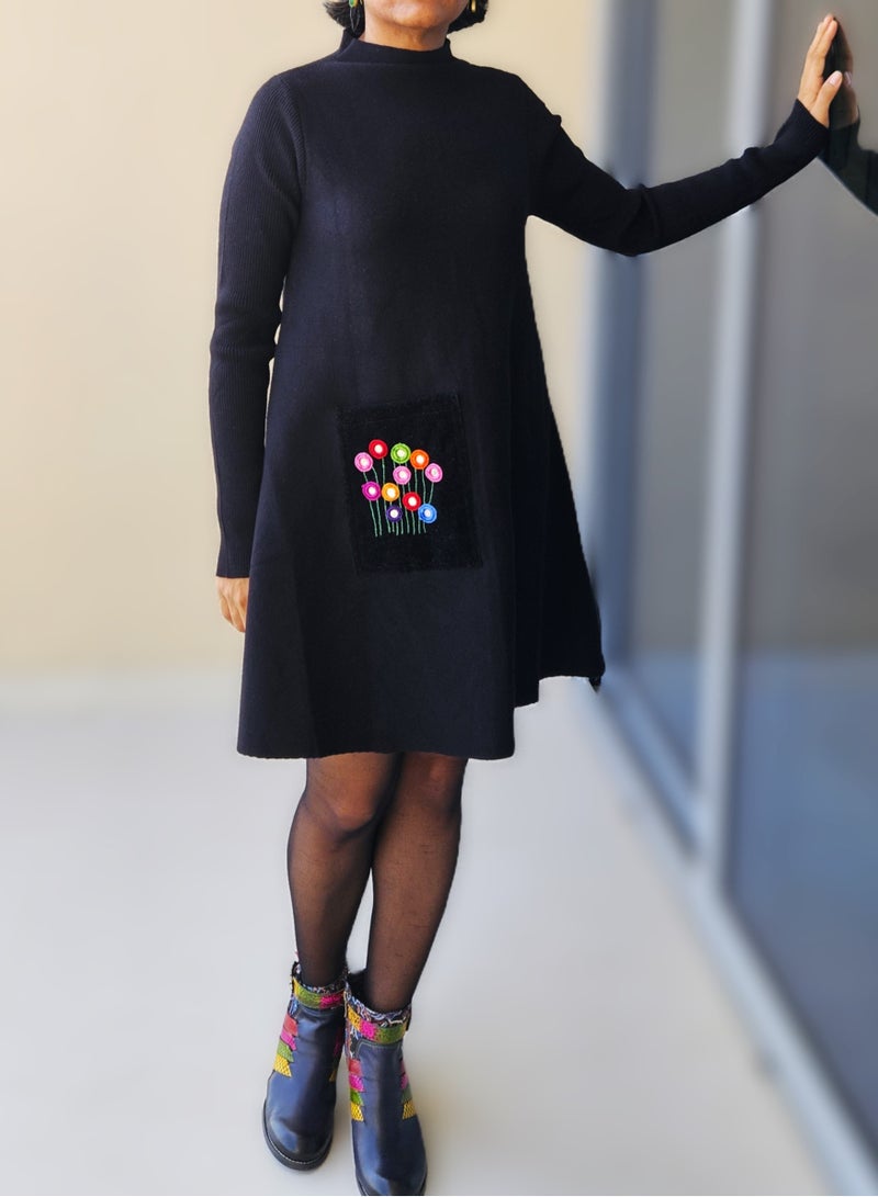 Women’s Black Wool Blend A-Line Dress with Hand Embroidered Floral Pocket – Small Size, Long Sleeve, Boho-Chic Style with Mirror Work JewelOnPalette - Image 5