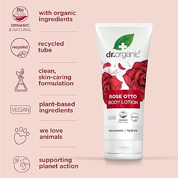 dr.organic Dr Organic Rose Otto Lotion Moisturising Mature Skin Mens Womens Natural Vegan CrueltyFree Paraben SLSFree Recycled Recyclable Organic 200ml Packaging may vary - Image 4