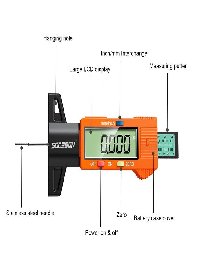 GODESON Tire Tread Depth Gauge,Digital Tire Tread Depth Gauge with Color-Coded Bar,Tread Depth Gauge in 1 Inch/25.4 mm,Tire Depth Gauge with Large LCD Display Suitable for All Vehicle Tires-Orange - Image 2