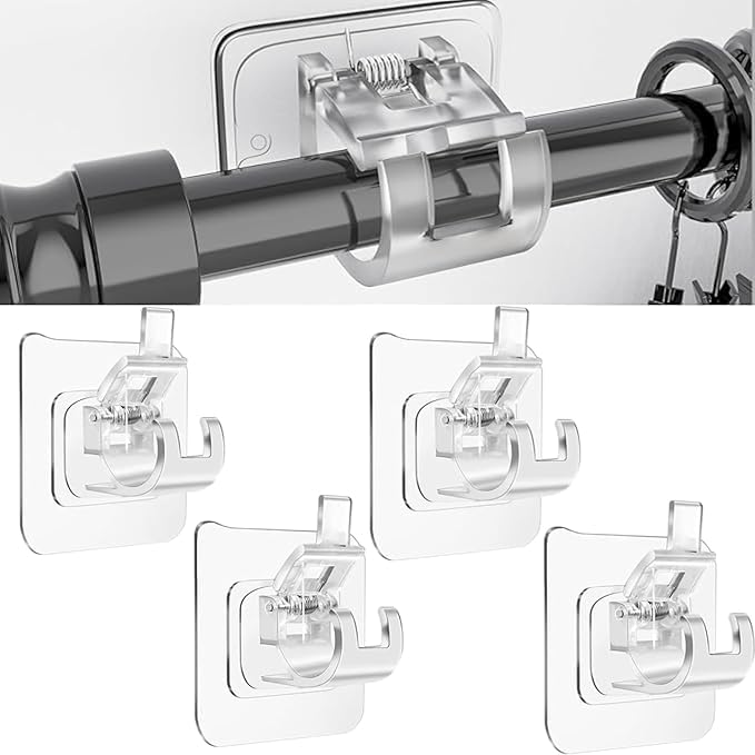 CLICKSWIFT CLICKSWIFT Plastic Heavy Duty Without Drill Self Adhesive Curtain Hangers Rod Hooks Adjustable Wall Hooks Curtain Rod Brackets for Bathroom Kitchen Home 4 Pcs Transparent Color  - Image 1